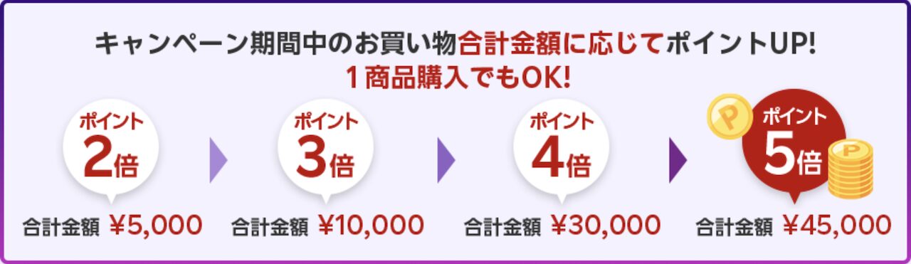 超ポイントバック祭のポイント倍率が購入金額に応じて2倍・3倍・4倍・5倍と上がることを示した説明図