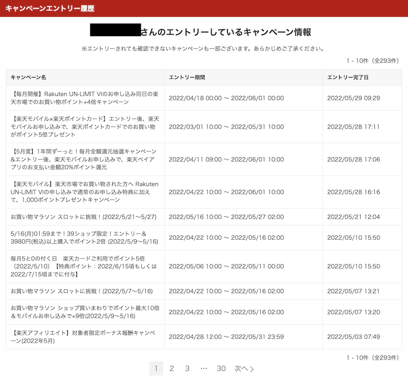 楽天エントリー履歴確認の例