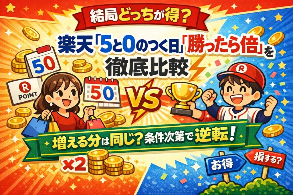 【結局どっちが得？】楽天「5と0のつく日」と「勝ったら倍」を徹底比較｜増える分は同じ？条件で逆転