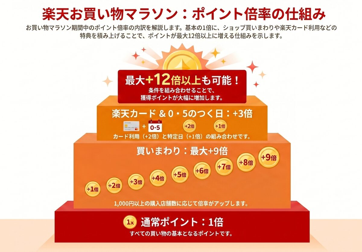 楽天お買い物マラソンのポイント倍率内訳と5と0のつく日の併用イメージ