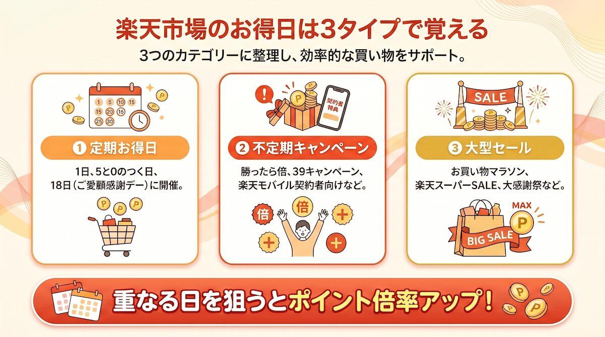 楽天市場のポイントアップの仕組み（定期お得日・不定期キャンペーン・大型セールの3種類）