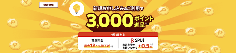 楽天でんき新規申し込み3,000ポイントキャンペーン