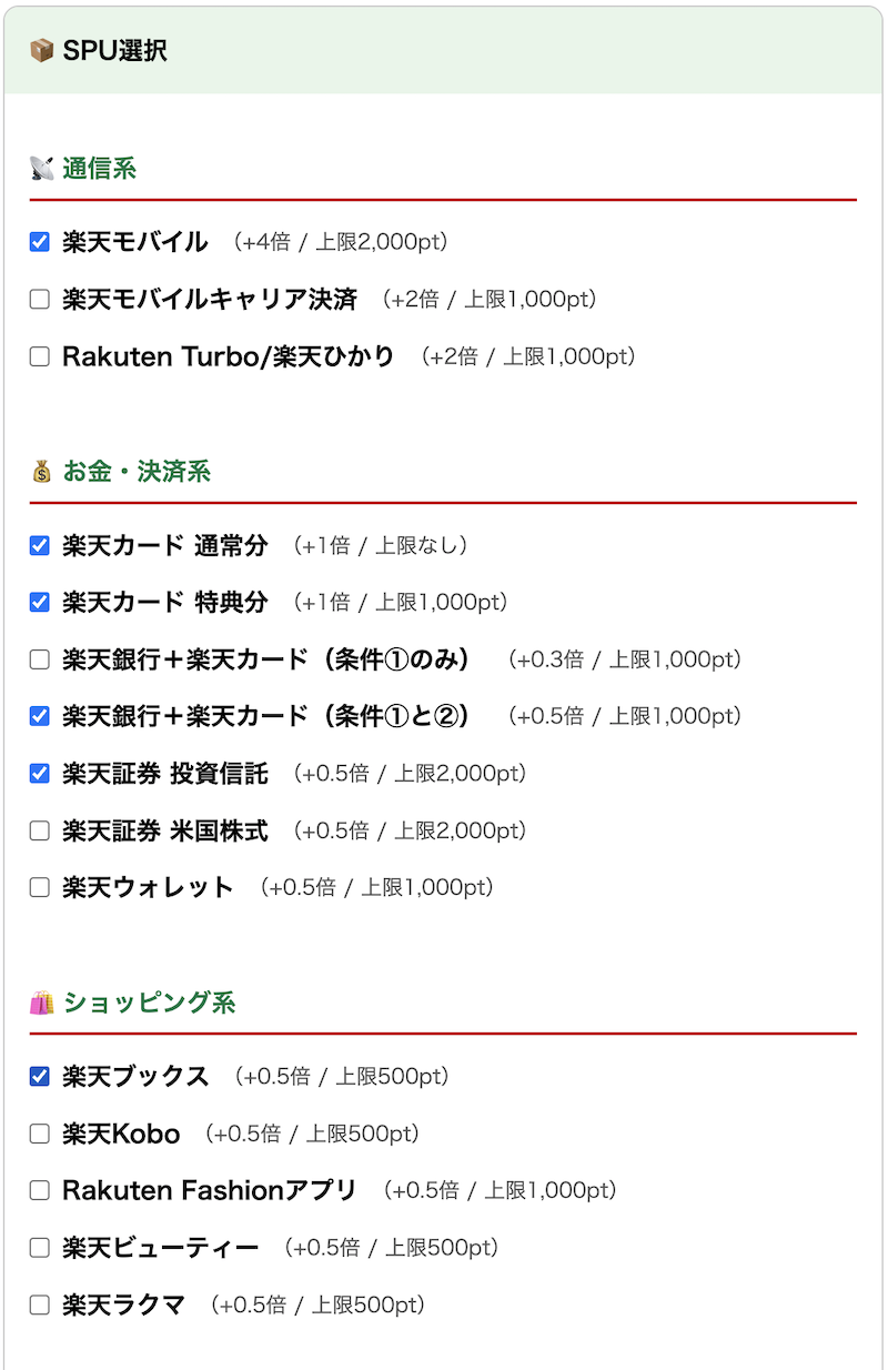 通信・決済・ショッピングのカテゴリごとにSPUが並び、該当する項目にチェックするだけで反映されます。