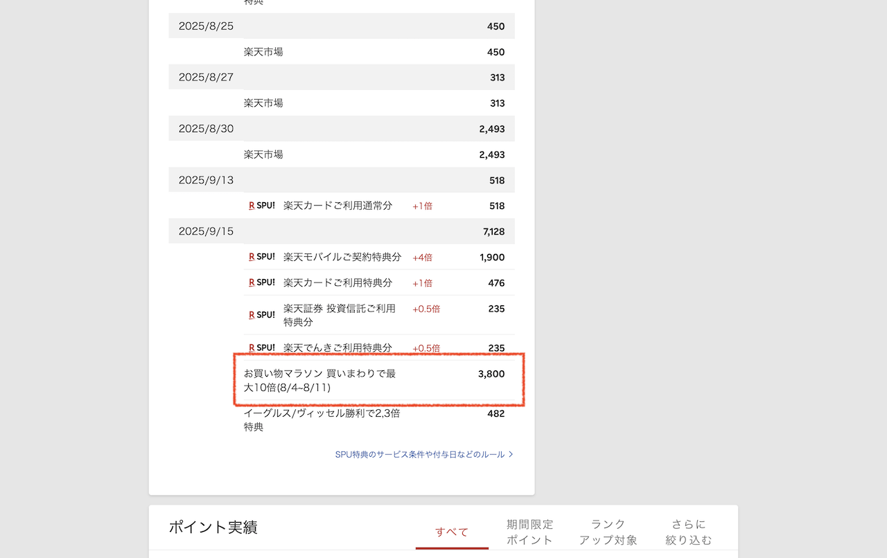 楽天ポイントクラブPC版でお買い物マラソンの買い回りポイントを確認する画面