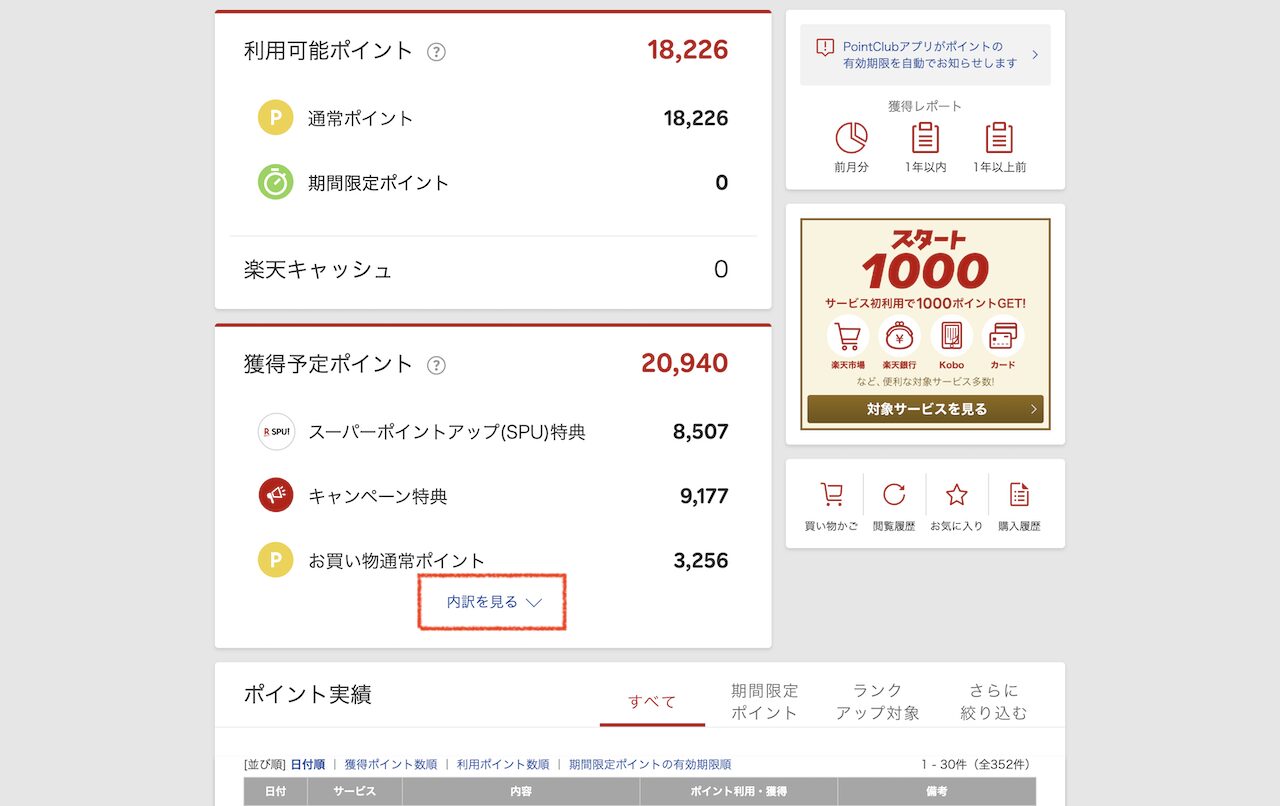 楽天ポイントクラブPC版の獲得予定ポイント欄で内訳を見るをクリックする画面