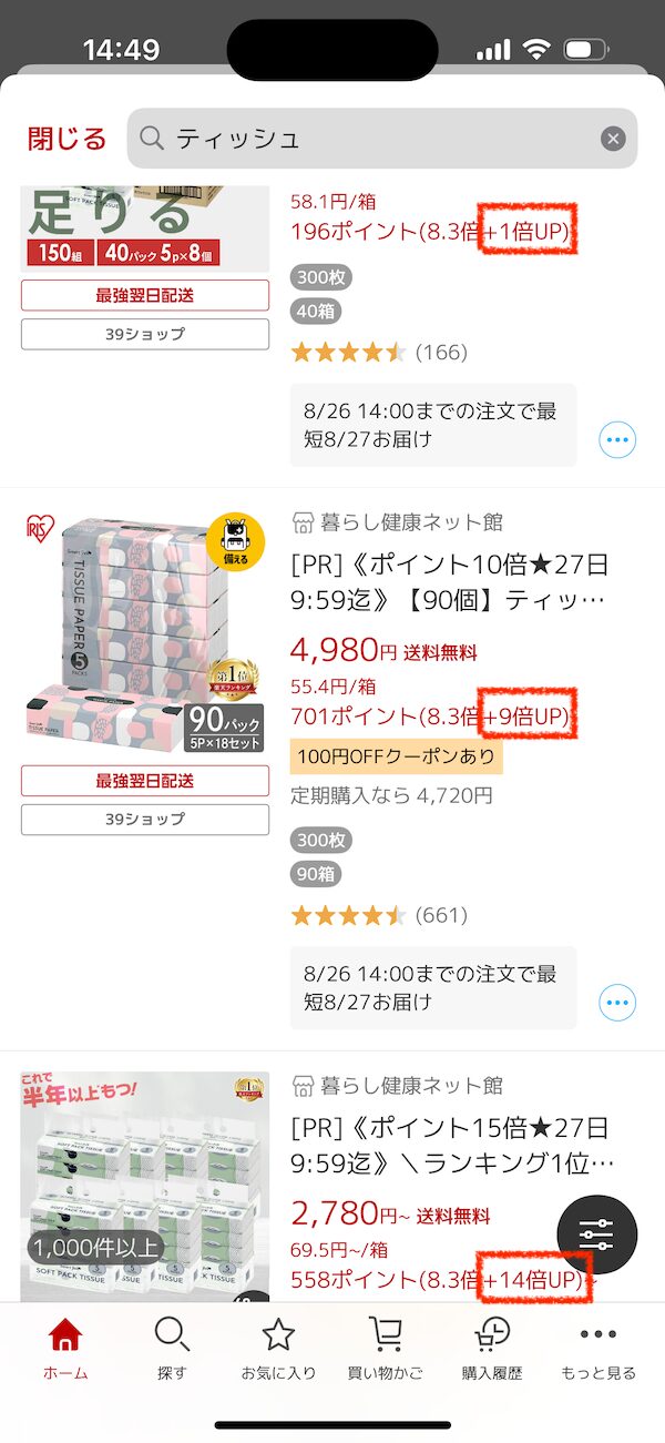 楽天市場の商品一覧ページで、価格の下に「ポイント＋◯倍」と表示されている