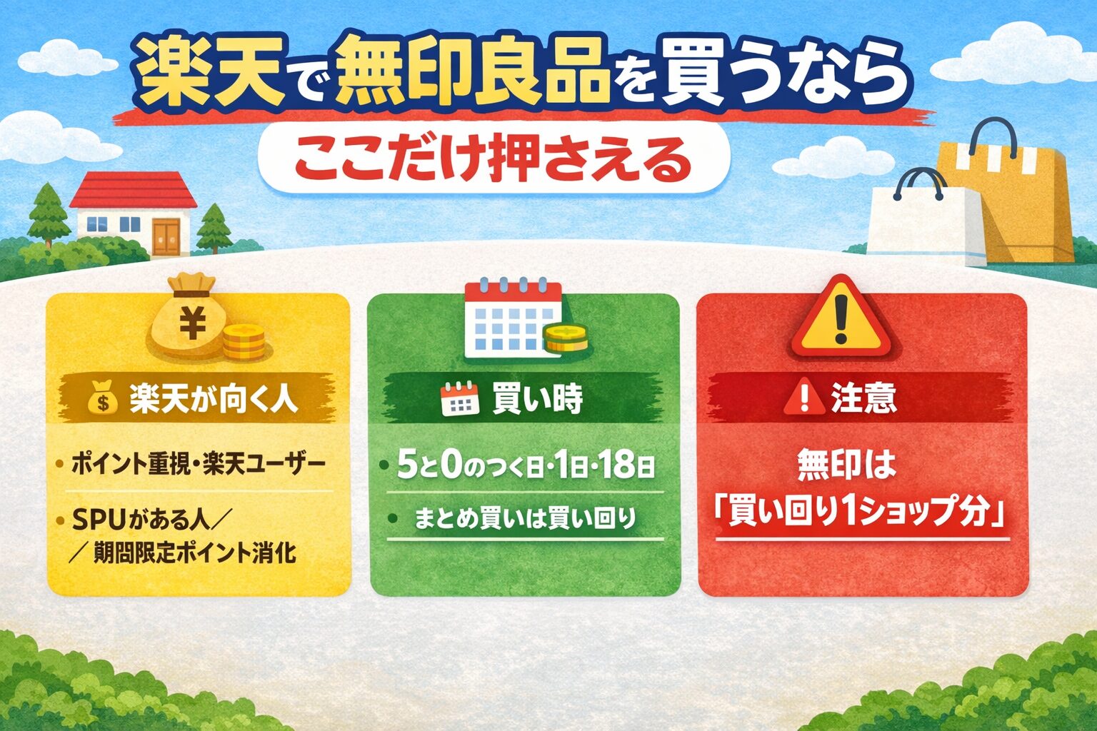 楽天で無印良品をお得に買う人と買い時をまとめた図解（定例日・買い回り・注意点）