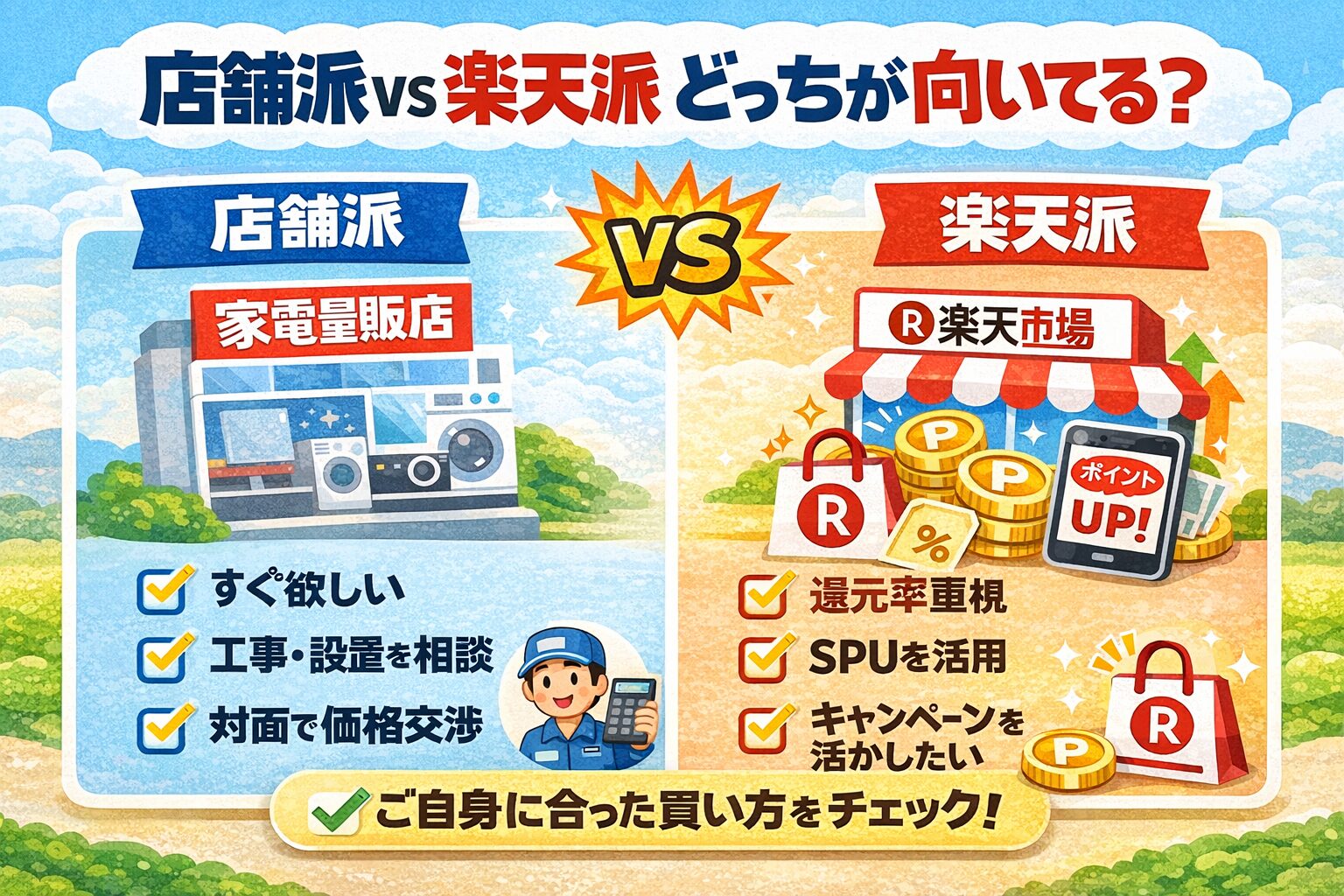 家電量販店の店舗購入と楽天市場購入をポイント還元で比較した図解