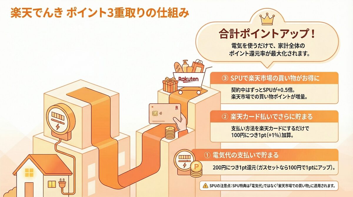 楽天でんきのポイント3重取りの仕組みを解説した図解。電気代のポイント還元、楽天カード払い、SPUによる楽天市場のポイントアップの流れを説明