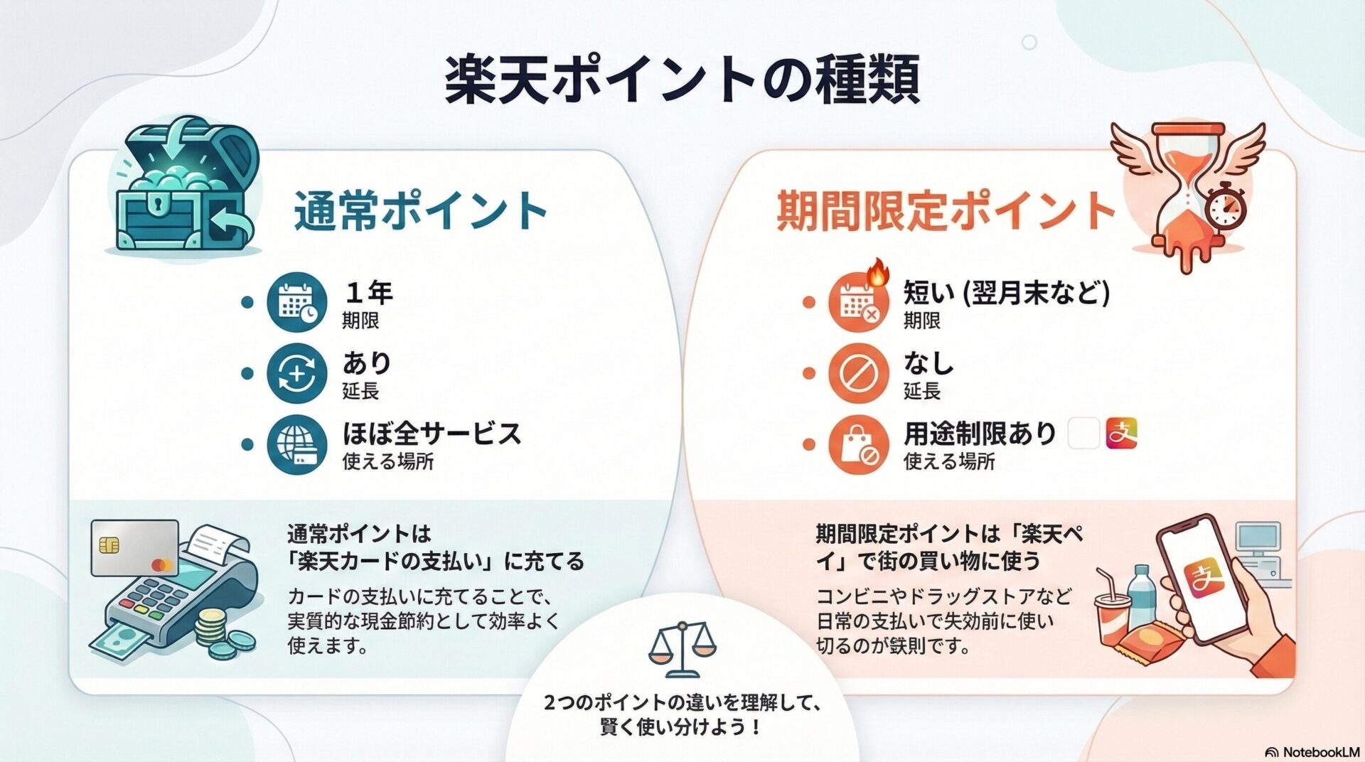 楽天ポイントの種類（通常ポイントと期間限定ポイント）の違いを解説した図解