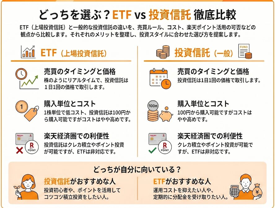 ETFと投資信託の違いを比較した図解（売買方法・コスト・ポイント投資など）