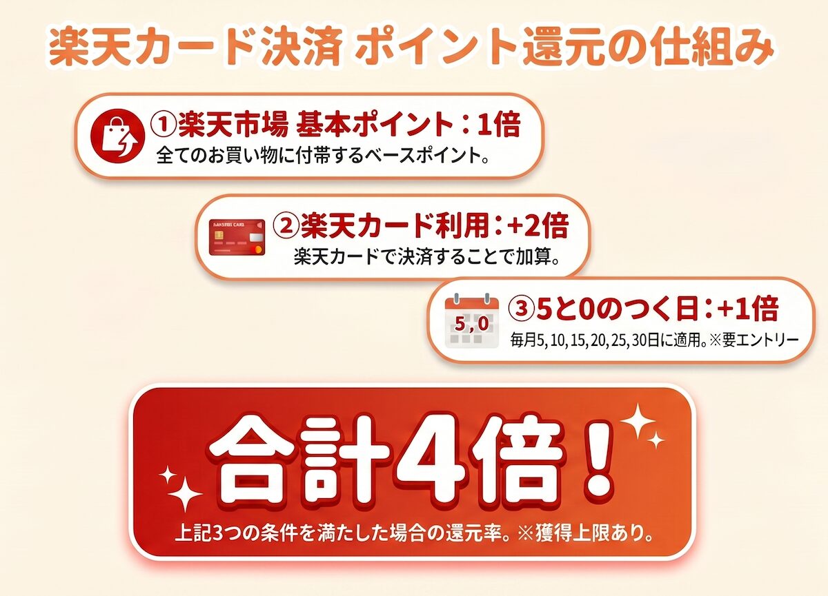 楽天カード決済のポイント還元の仕組み（楽天市場1倍＋カード2倍＋5と0のつく日で合計4倍）