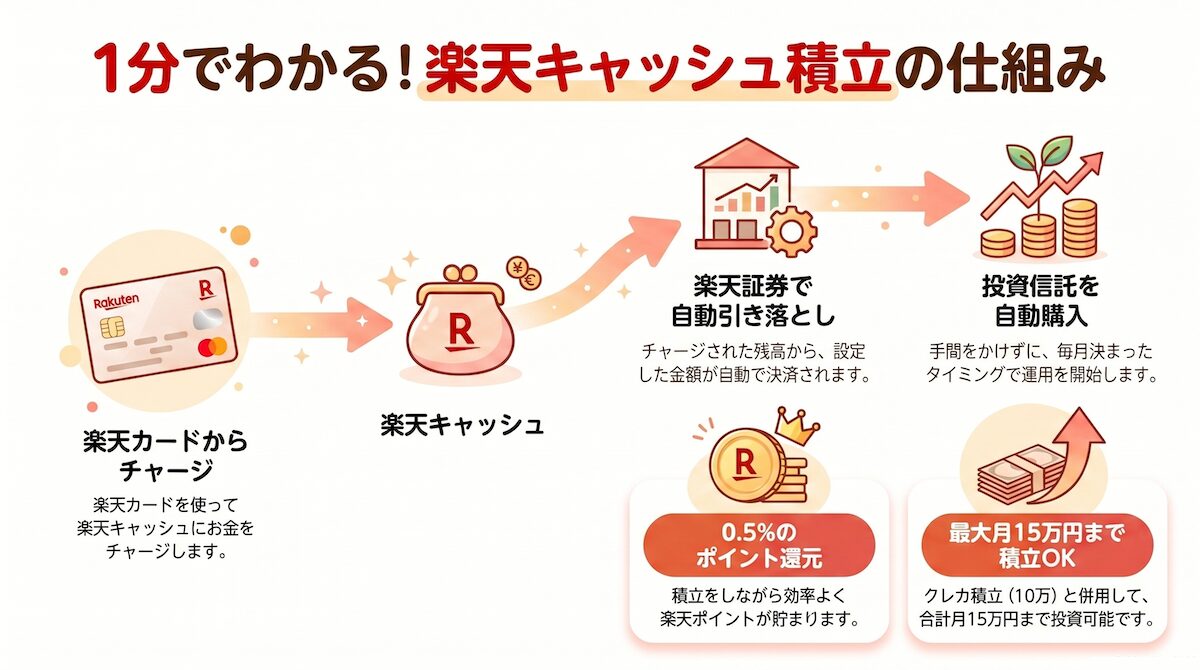 楽天証券の楽天キャッシュ積立の仕組みを1分でわかるように図解したフロー