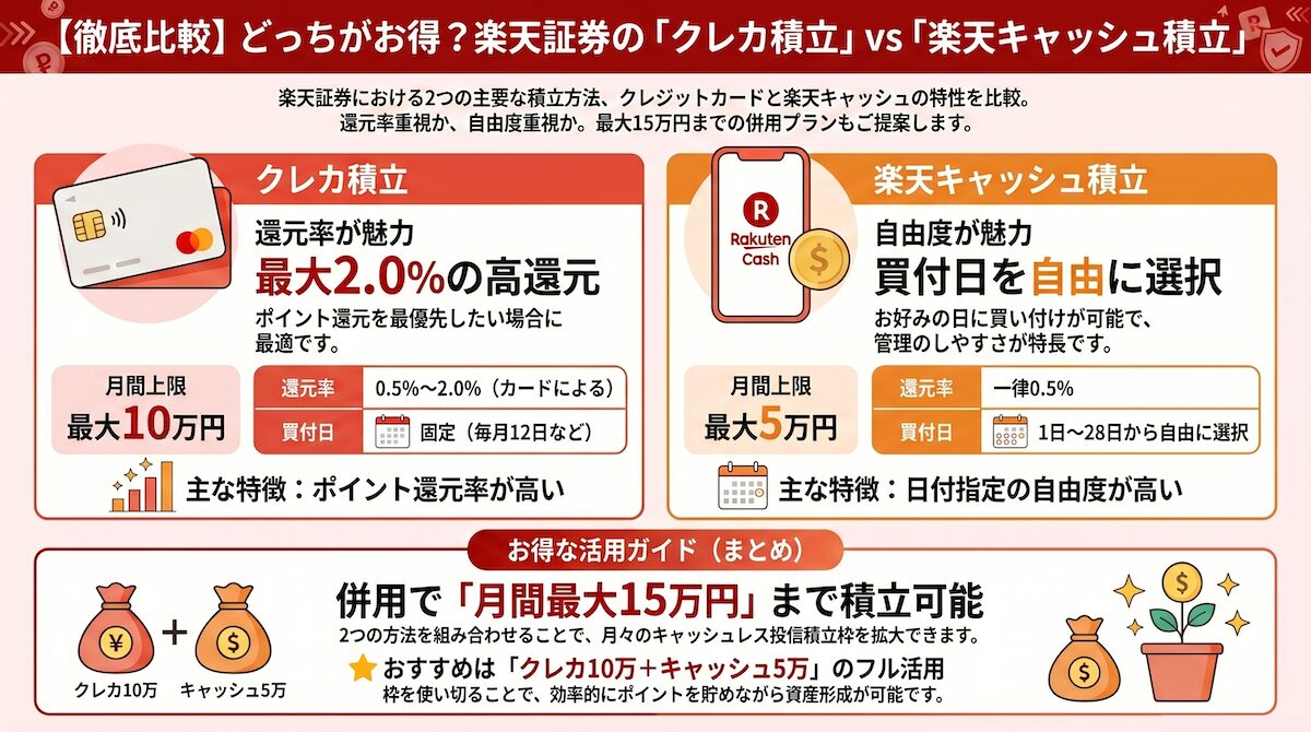 楽天証券のクレカ積立と楽天キャッシュ積立の違いを比較した図解（還元率・上限・買付日の違い）