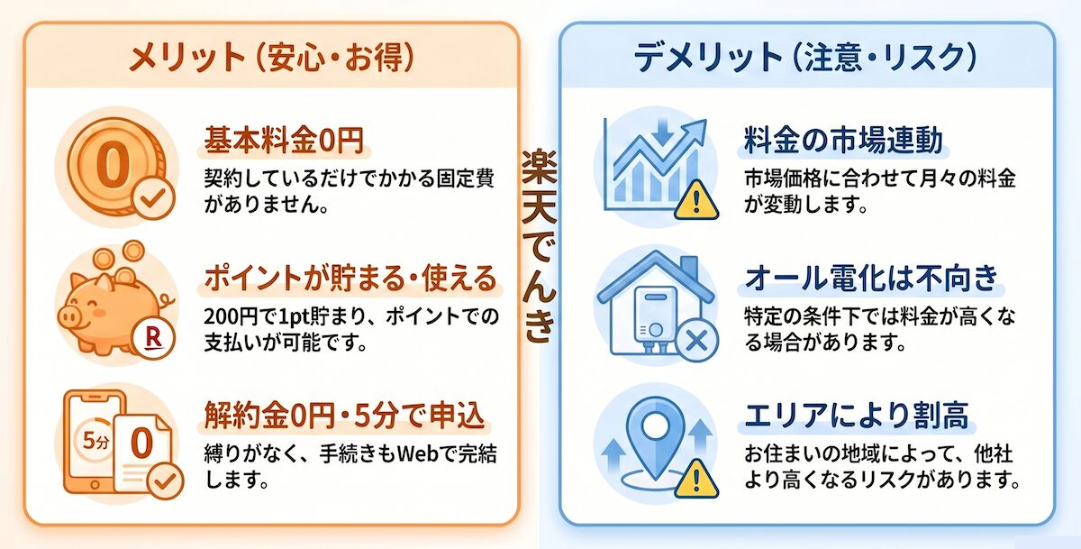 楽天でんきのメリット・デメリットを比較した図解｜基本料金0円やポイント還元と料金変動リスクを解説