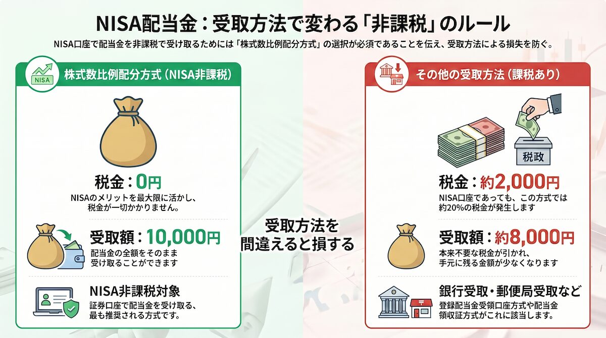 楽天証券の配当金でNISAが非課税になる場合と課税される場合の違いを比較した図