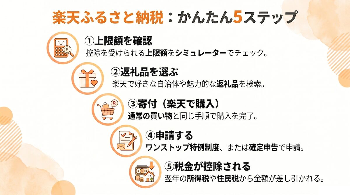 楽天ふるさと納税の流れ（上限確認・返礼品選び・寄付・申請・税金控除の5ステップ）