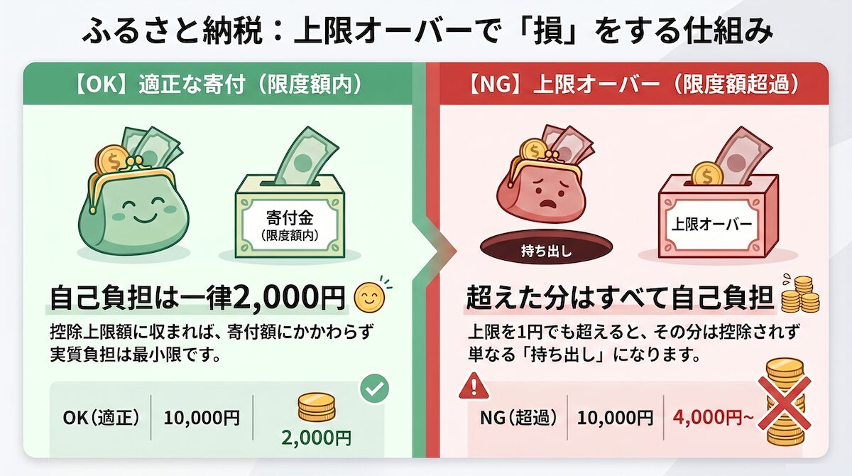 ふるさと納税の上限額を超えた場合の自己負担の違い（適正寄付とオーバーの比較）