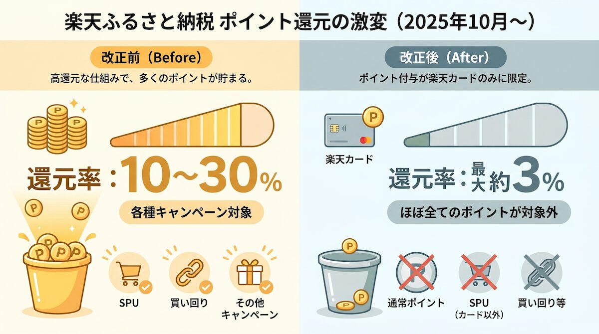 楽天ふるさと納税の改正前後の違い（2025年10月以降は楽天カードと5と0のみ対象）