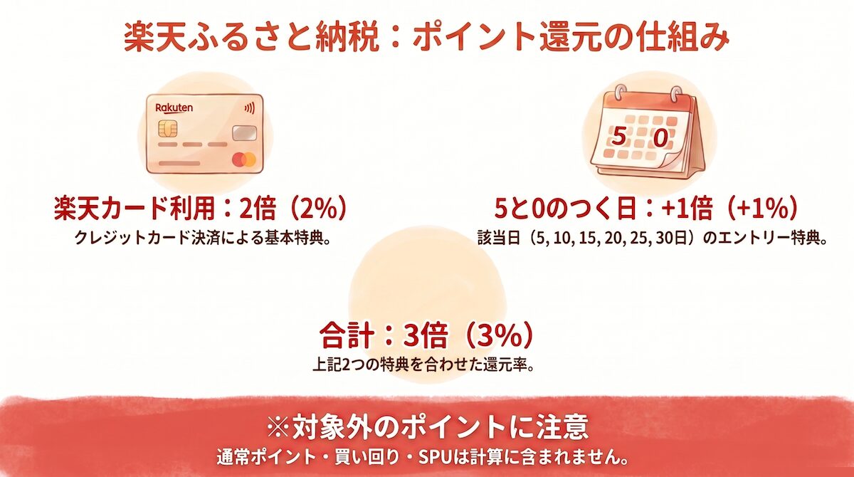 楽天ふるさと納税のポイント還元の仕組み（楽天カード2倍＋5と0のつく日1倍で合計3倍）