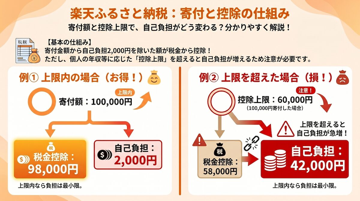 楽天ふるさと納税の仕組み｜寄付額から2000円を引いた金額が控除されるイメージ図