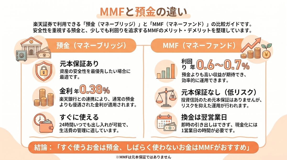 楽天証券のMMFと預金（マネーブリッジ）の違いを比較した図解（利回り・安全性・使いやすさ）
