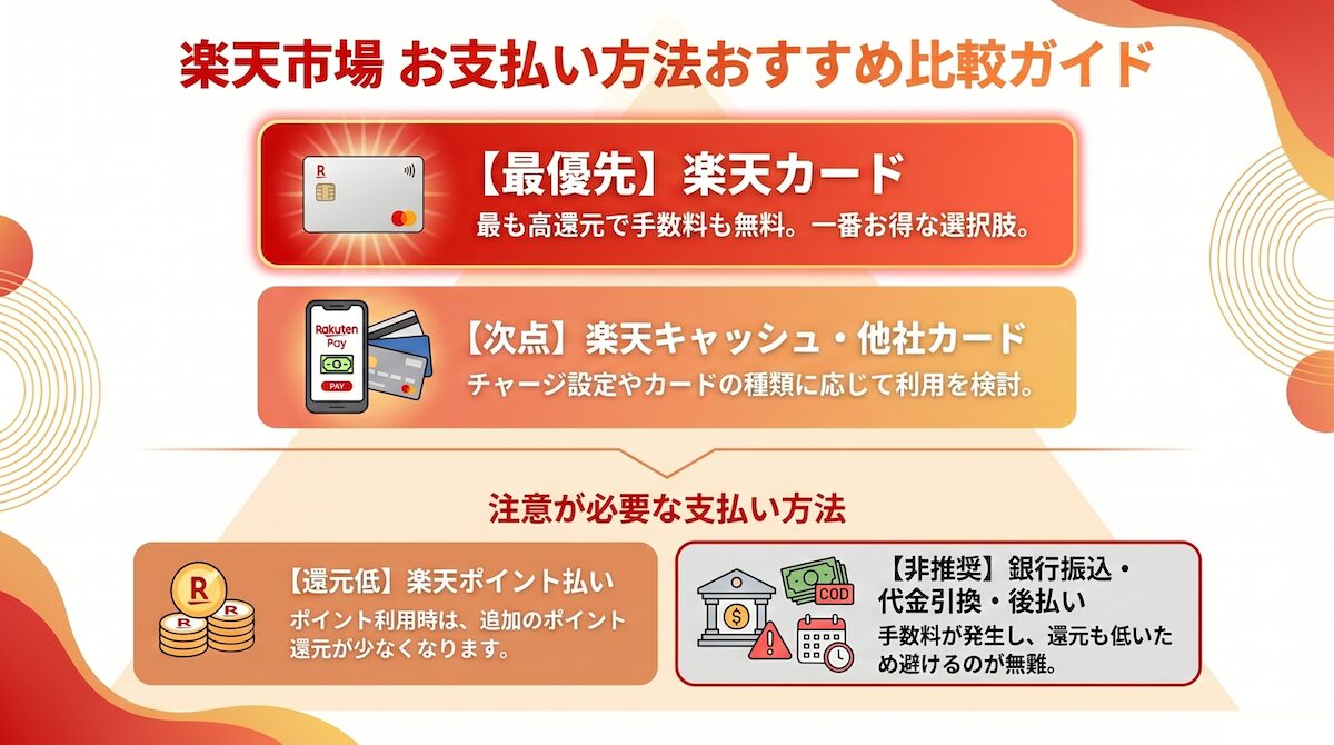 楽天市場の支払い方法を比較した図解（楽天カードが最もおすすめで他は還元率や手数料で劣る）