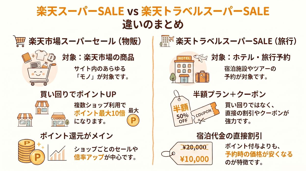 楽天スーパーセールと楽天トラベルスーパーSALEの違いを比較した図解