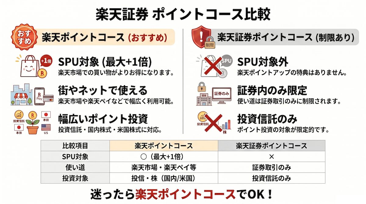 楽天証券のポイントコース比較図｜楽天ポイントコースと楽天証券ポイントコースの違い（SPU・使い道・投資対象）