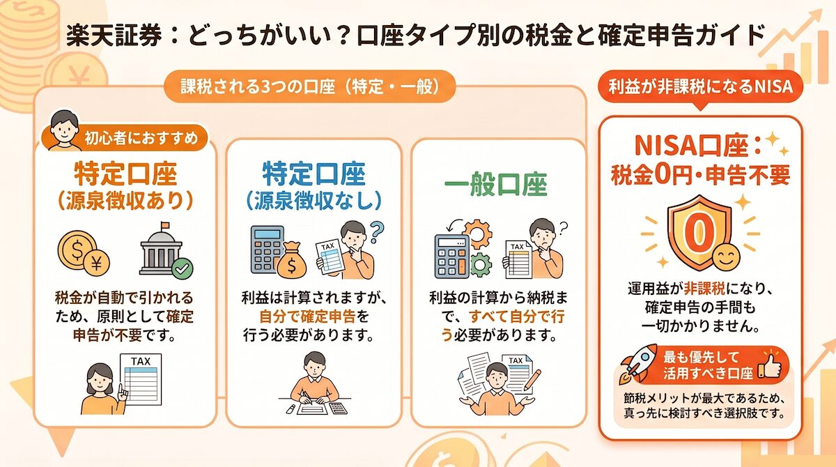 楽天証券の口座タイプ別の税金と確定申告の違い（特定口座・一般口座・NISA）を解説した図解