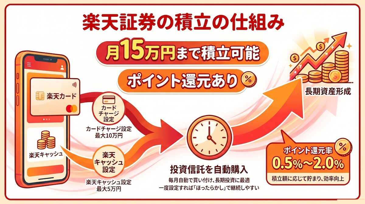 楽天証券のクレカ積立と楽天キャッシュ積立の仕組み ポイント還元の流れを図解