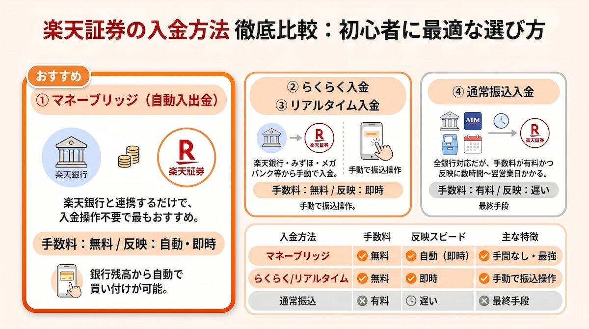 楽天証券の入金方法4つを比較した図で、マネーブリッジ・らくらく入金・リアルタイム入金・通常振込の違いをまとめた図解