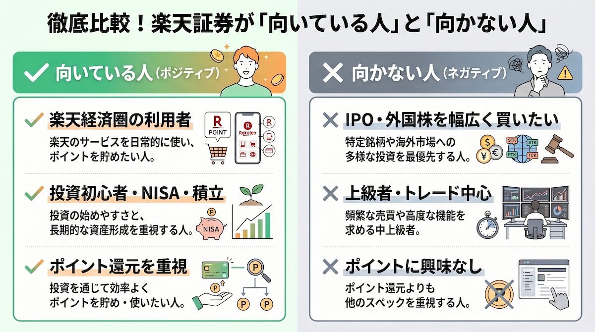 楽天証券が向いている人と向かない人の特徴を比較した図解