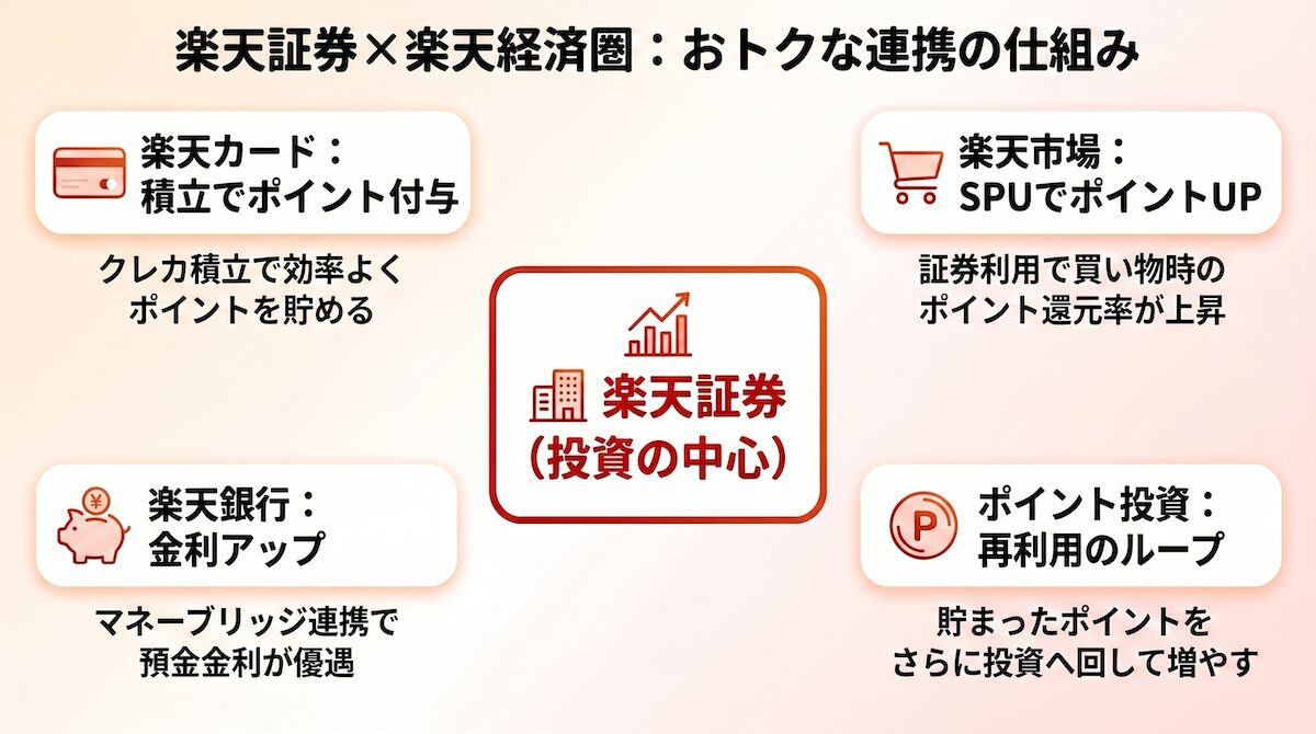 楽天証券と楽天カード・楽天銀行・楽天市場の連携によるポイント還元と資産運用の仕組み図