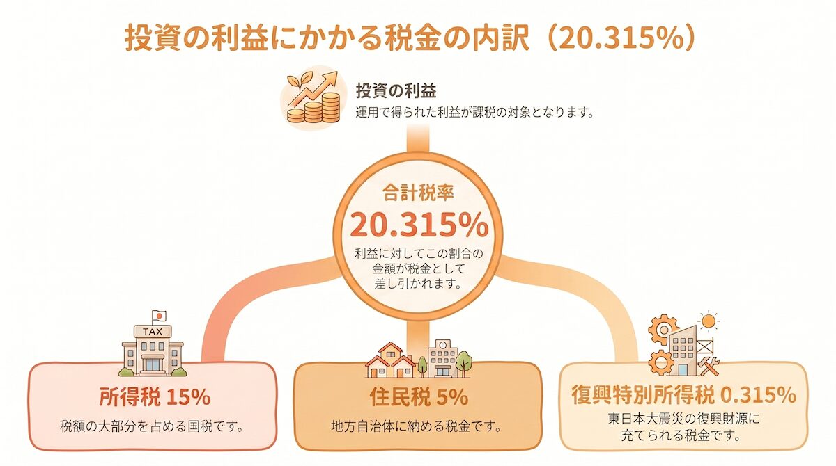 楽天証券の税率20.315%の内訳（所得税15％・住民税5％・復興特別所得税0.315％）を解説した図解