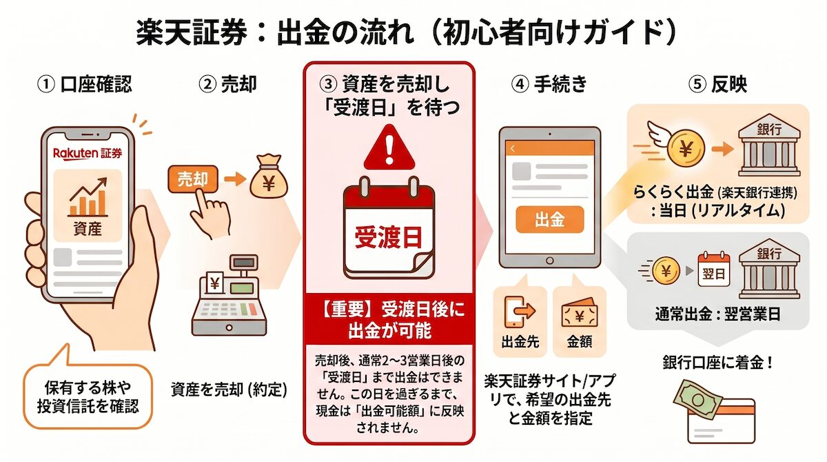 楽天証券の出金の流れを解説した図解（売却から受渡日後に出金可能・反映タイミングまとめ）