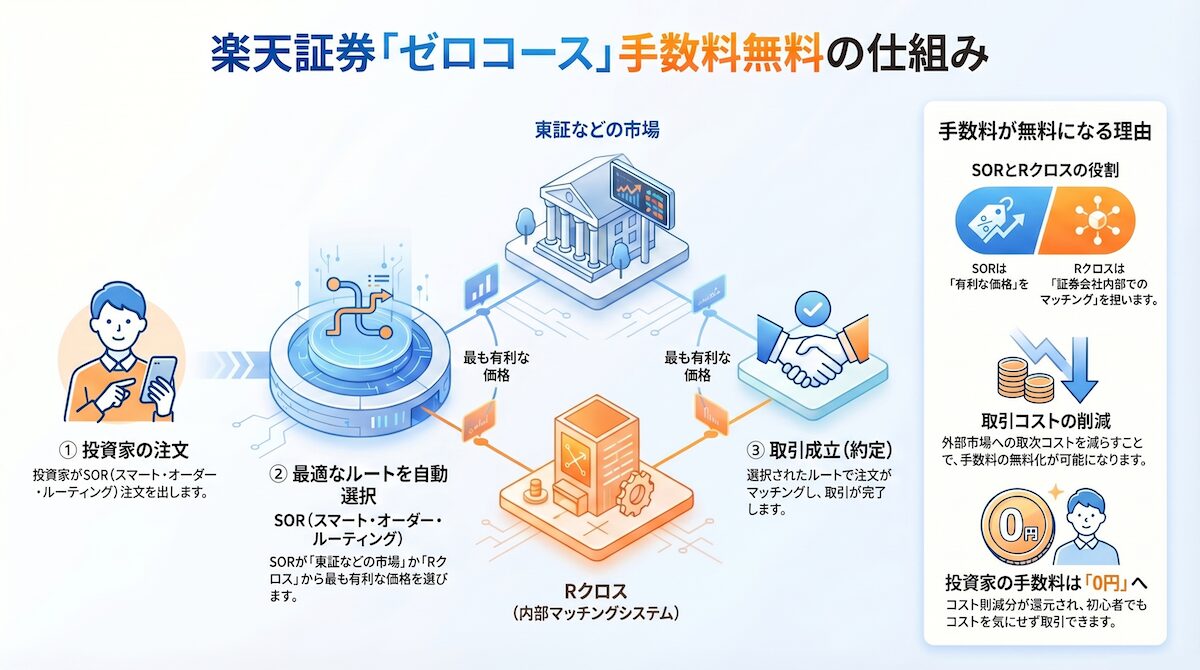 楽天証券ゼロコースの手数料が無料になる仕組み｜SORとRクロスの流れを図解