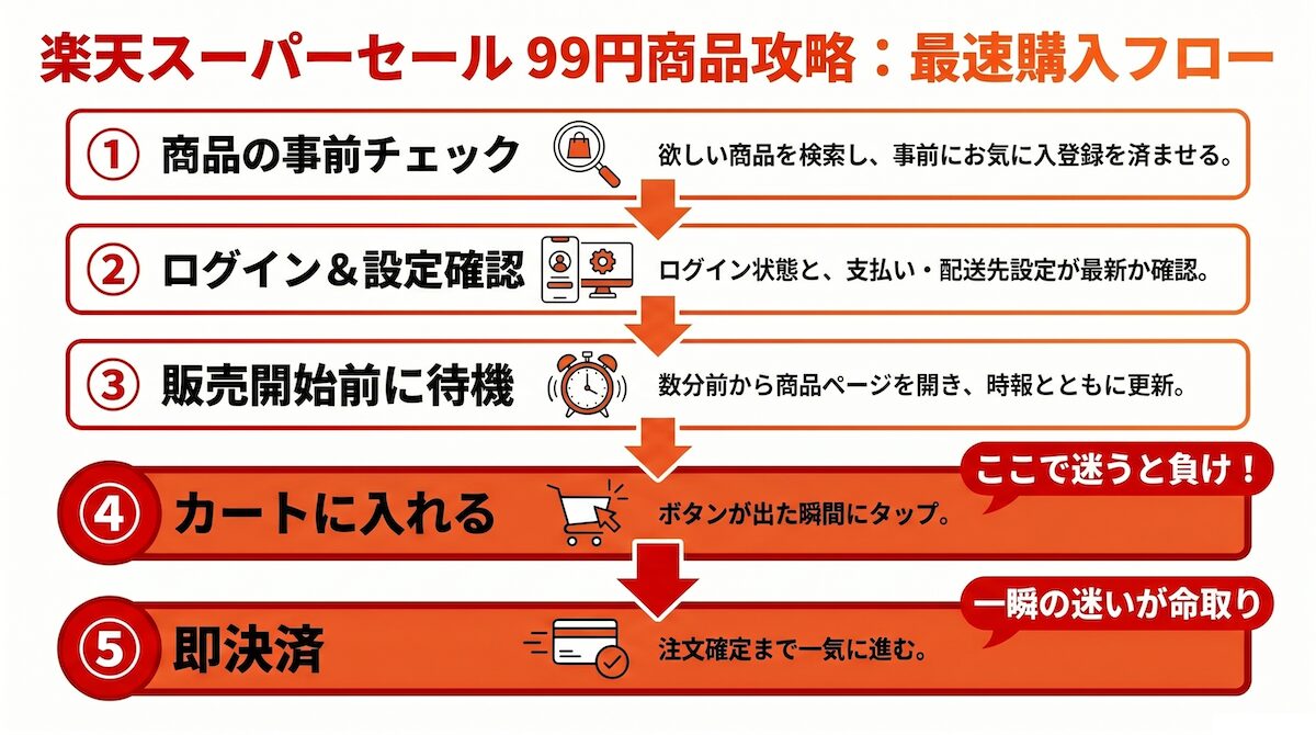 楽天スーパーセールの99円商品を買うための行動フロー（事前準備から決済までの流れ）