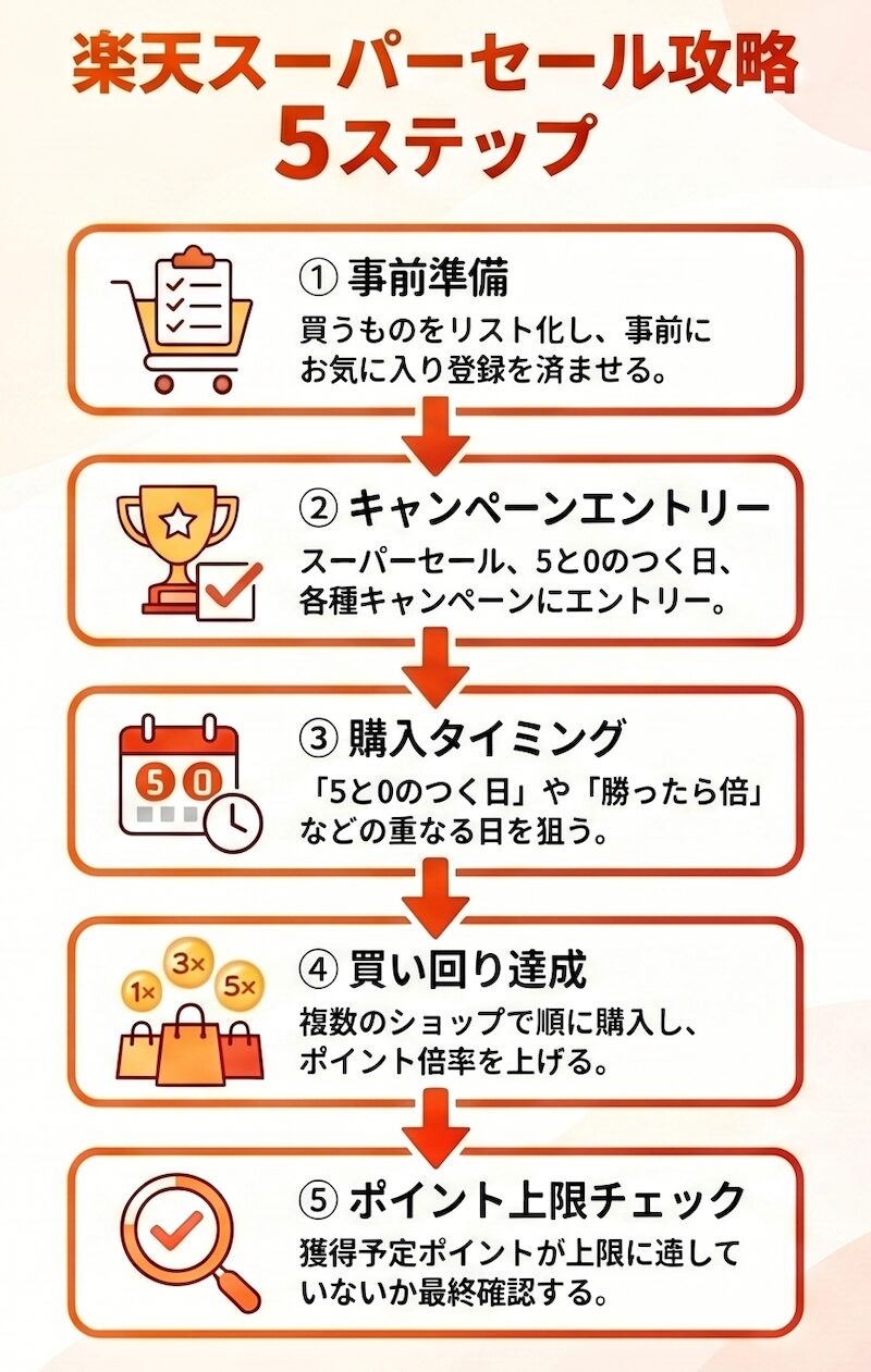 楽天スーパーセールの攻略フロー（事前準備・エントリー・購入タイミング・買い回り・上限チェック）