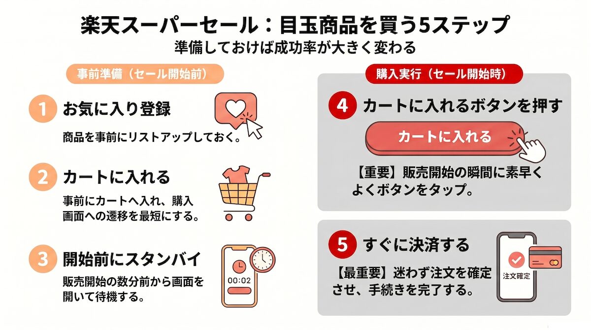 楽天スーパーセールの目玉商品を買う手順（お気に入り登録から決済までの5ステップ）