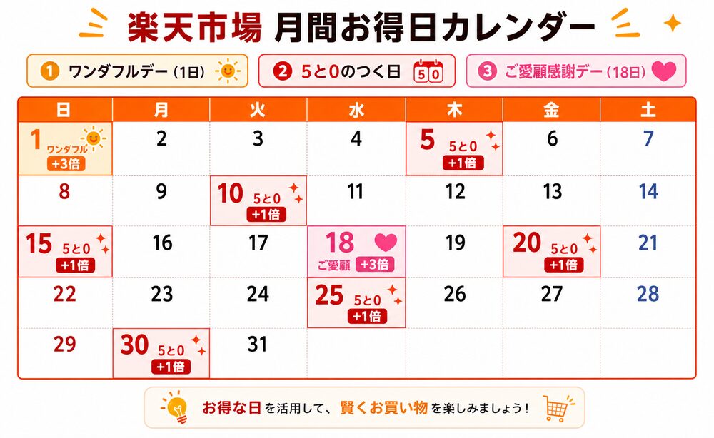 楽天市場の月間お得日カレンダー|ワンダフルデー(1日)・5と0のつく日・ご愛顧感謝デー(18日)を色分け
