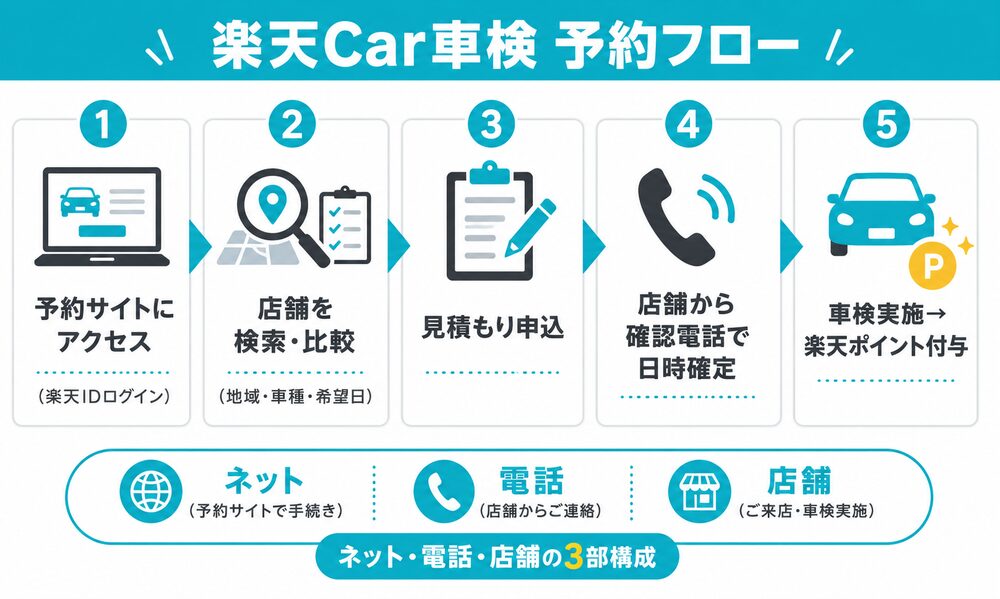 楽天Car車検の予約フロー5ステップ（ネット申込→電話確認→店舗実施）