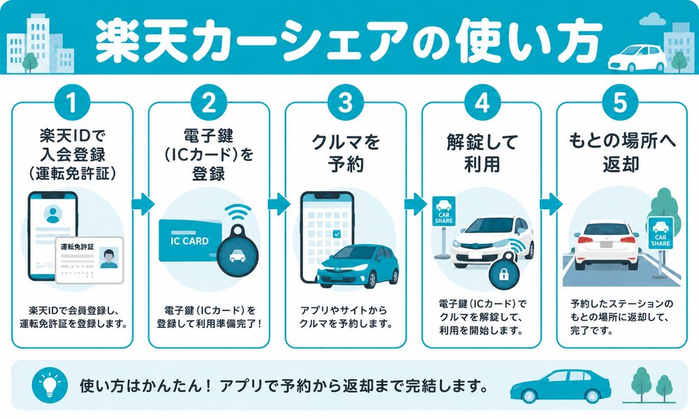楽天カーシェアの使い方5ステップ（入会登録→電子鍵登録→予約→解錠→返却）