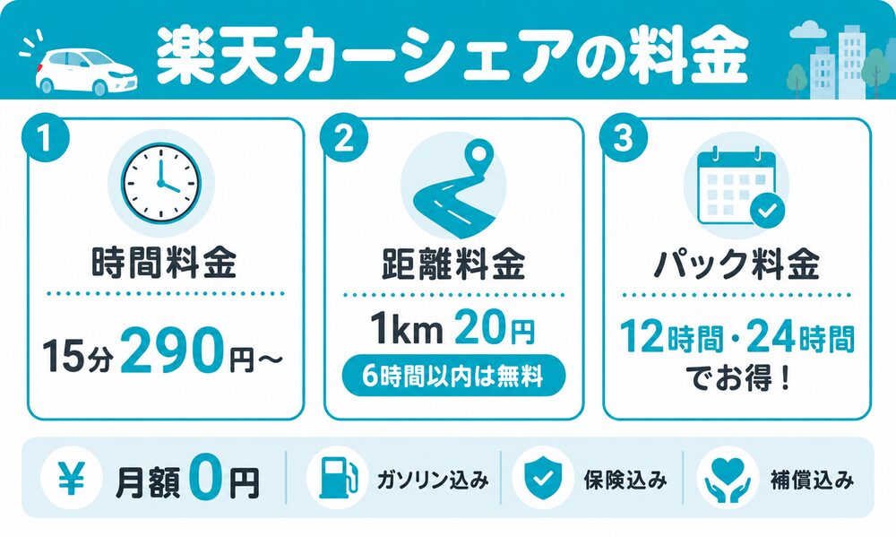 楽天カーシェアの料金（時間料金15分290円〜・距離料金1km20円・6時間以内無料・パック料金）