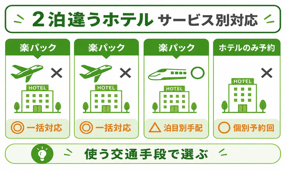 楽天トラベル 2泊違うホテル サービス別対応早見表 楽天トラベル 2泊違うホテル サービス別対応早見表(JAL楽パック・ANA楽パック・JR楽パック・ホテルのみ予約)