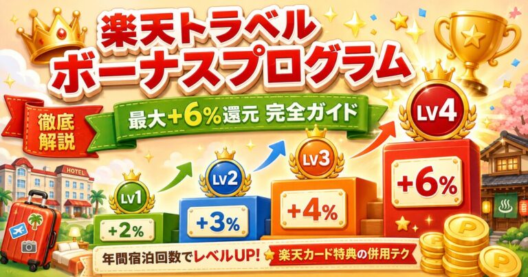 楽天トラベル ボーナスプログラム完全ガイド｜年間宿泊回数でレベルUP最大+6%&楽天カード特典の併用テク【2026年最新】