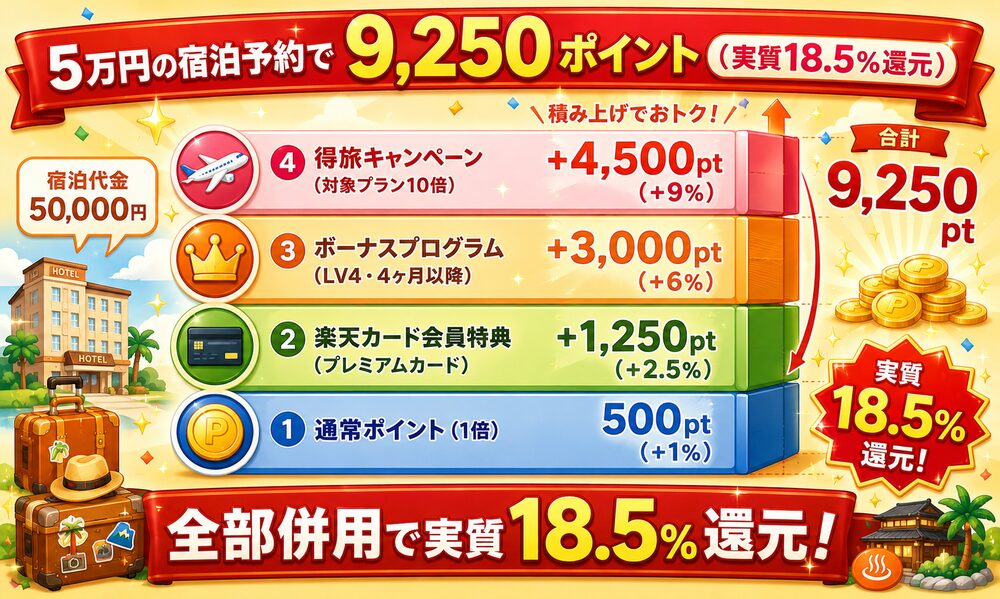 5万円の宿泊予約で9,250ポイント獲得｜ボーナスプログラム×楽天カード×得旅キャンペーンの併用