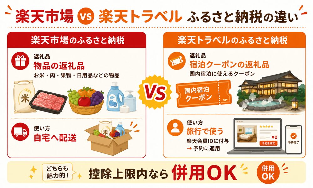 楽天市場と楽天トラベルのふるさと納税の違い（物品 vs 宿泊クーポン）
