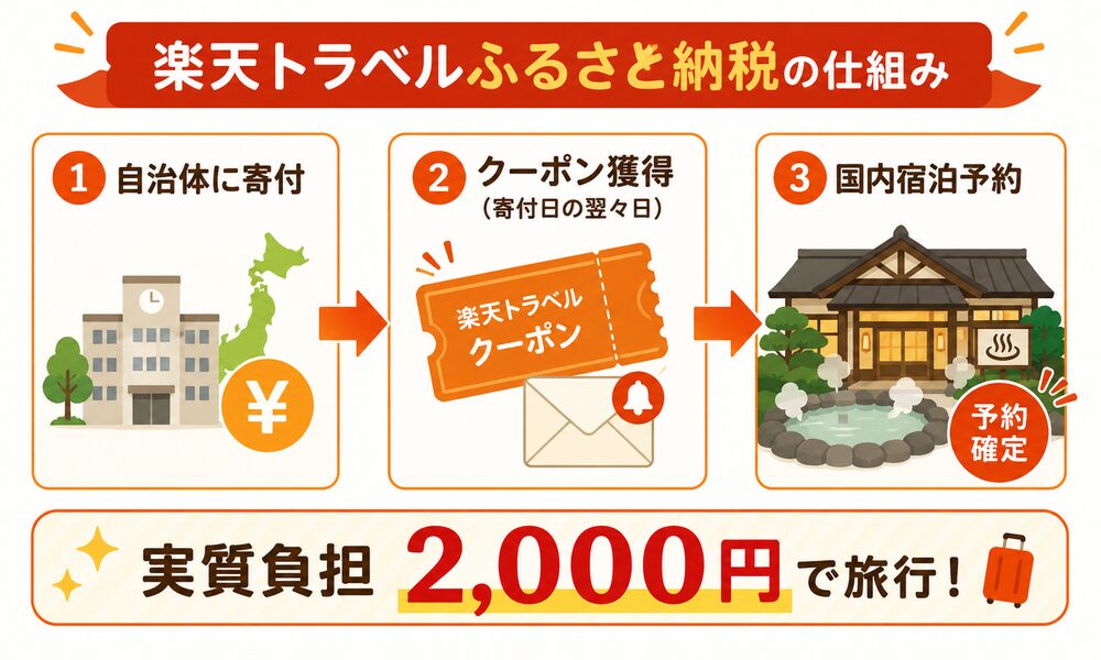 楽天トラベルふるさと納税の仕組み（自治体寄付→クーポン獲得→国内宿泊予約）