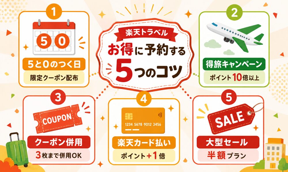 楽天トラベル お得に予約する5つのコツ｜5と0のつく日・得旅・クーポン併用・楽天カード払い・大型セール